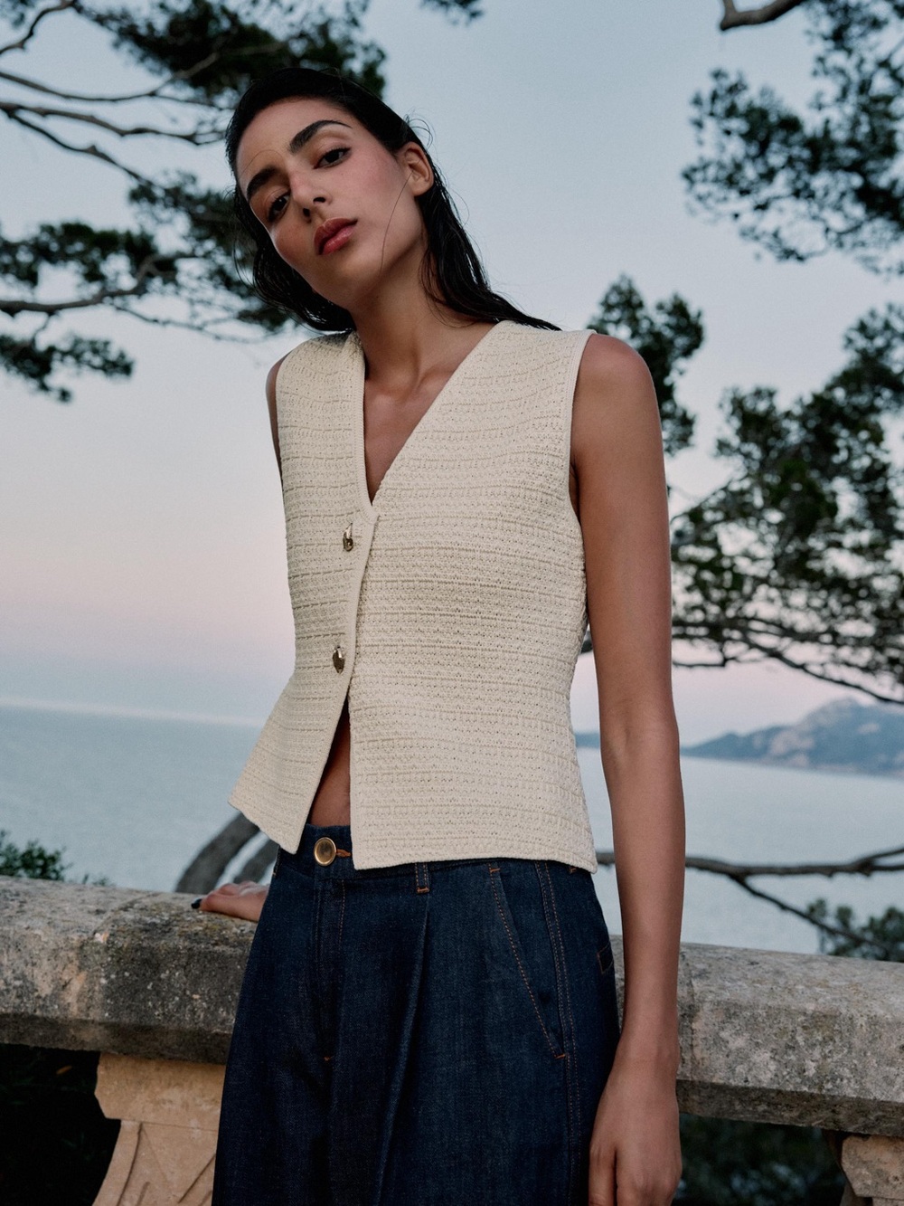 Zara Cream Textured Sleeveless Button Front Vest